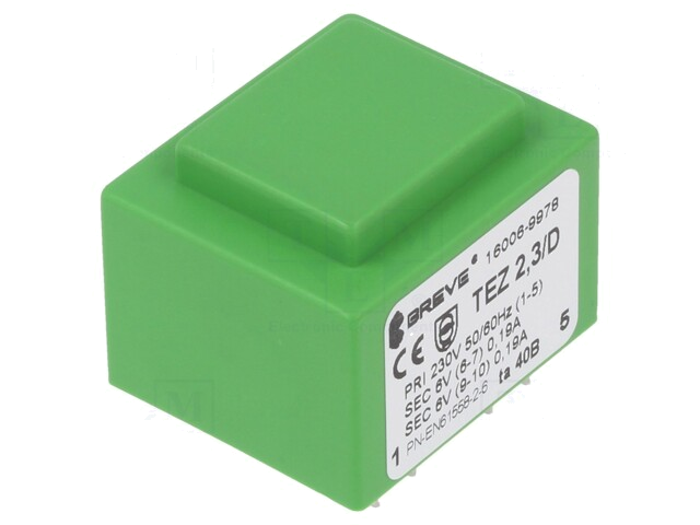 Transformator: ingegoten; 2,3VA; 230VAC; 6V; 6V; 192mA; 192mA; PCB Transformator: ingegoten; 2,3VA; 230VAC; 6V; 6V; 192mA; 192mA; PCB